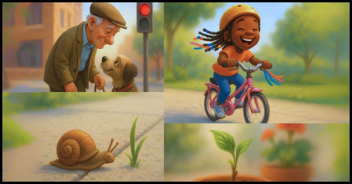 Four vignettes stitched together in one image: An elderly man and his dog leaning gently toward each other. A little girl racing past on her tassel-bright bike. A snail carefully inching across a sidewalk crack. A single bright leaf unfurling.