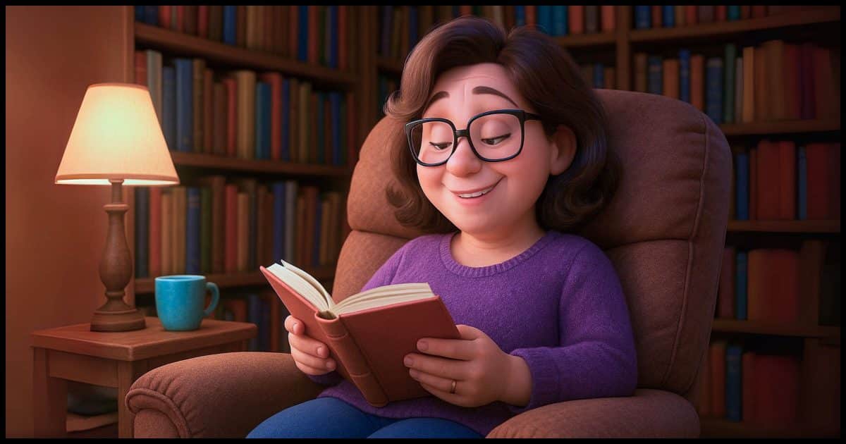 a woman in a recliner in a home library smiling as she reads a book