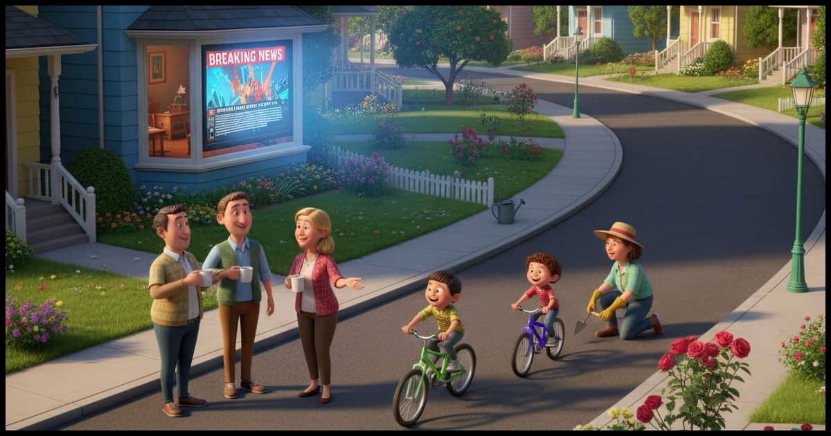 A quiet suburban street contrasted with dramatic news on TV.
