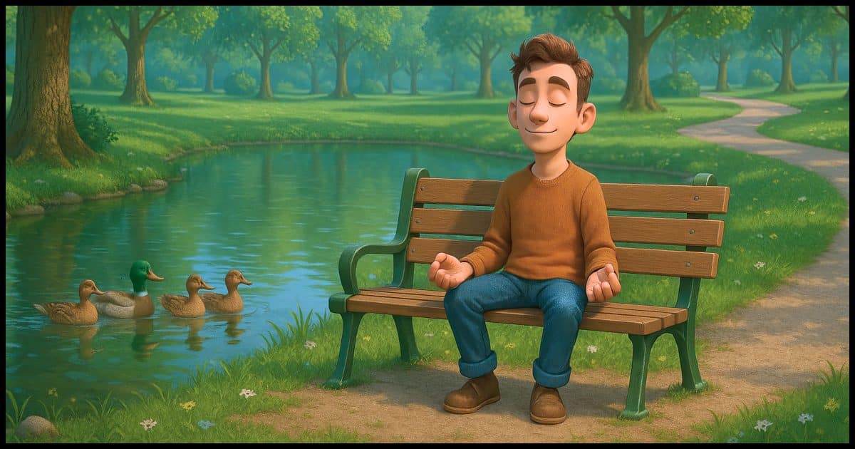 an individual calmly sitting with eyes closed on a park bench in the distance in a park setting next to a pond where ducks are swimming.