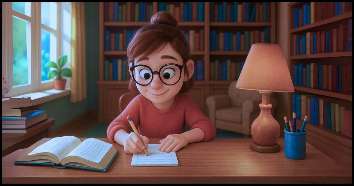 a bright, cheery home library where a person at a desk has a book open to one side and is writing on a notepad in front of them