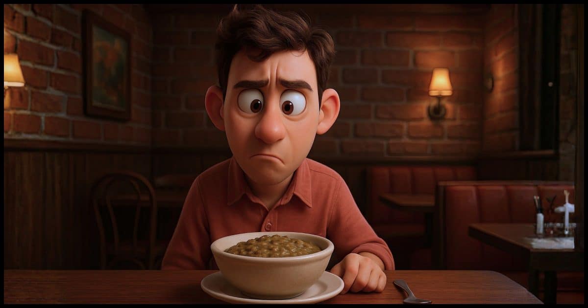 an individual looking at a bowl of slop they've been served in a restaurant with a questioning look on their face