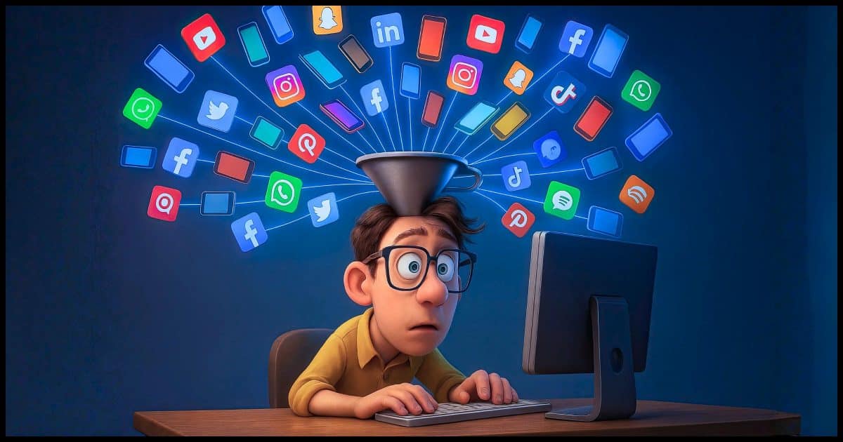 An individual receiving ideas beamed into their head from 100's of social media sites and mobile devices. They're sitting at a desk, staring glassy-eyed at a computer screen.
