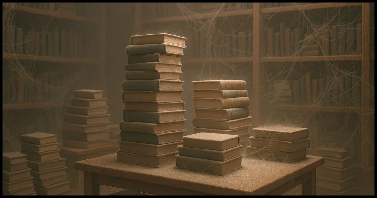 A library with dust and cobwebs everywhere. Books are stacked on tables, covered in dust. The shelves have cobwebs. It's clear no one has picked up a book in ages.