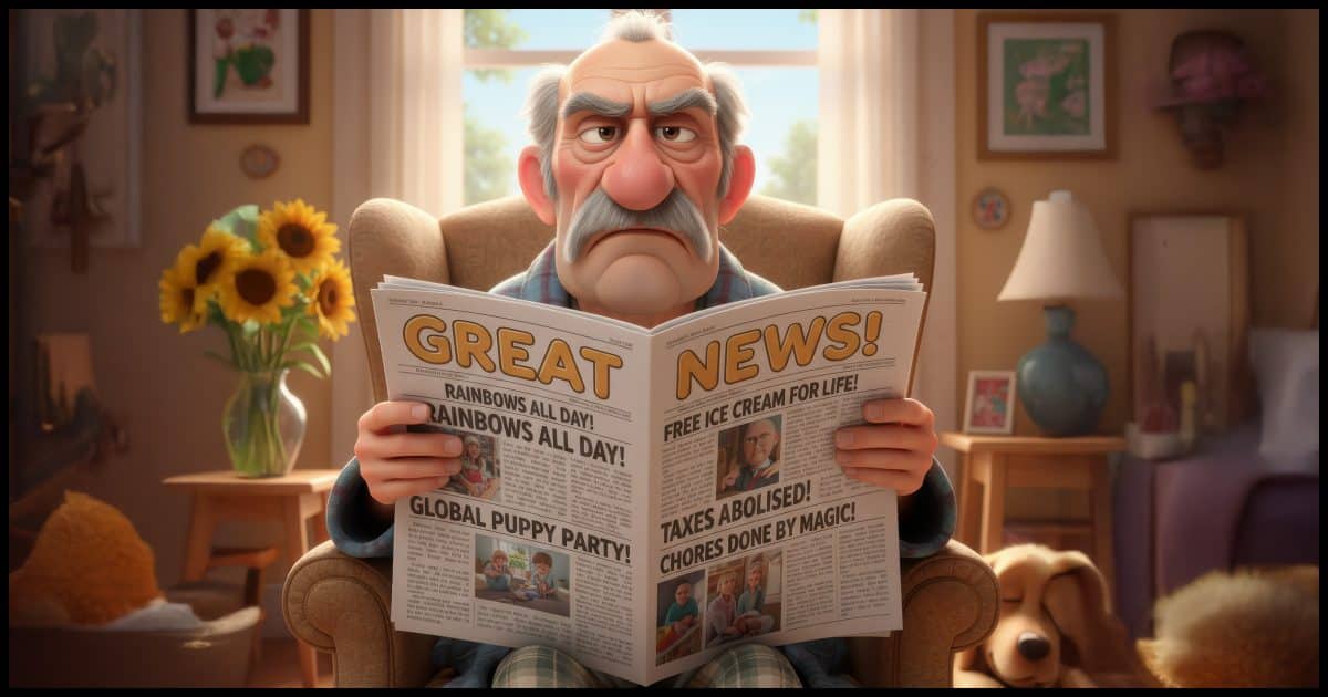 A grumpy older man looking at a newspaper with the masthead "Great News!", and various positive story headlines.